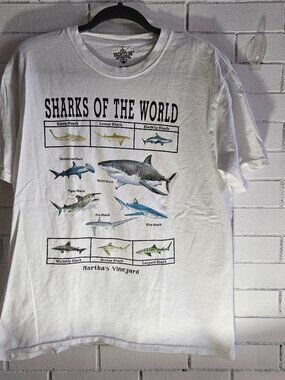 SHARKS OF THE WORLD, Marth Vineyard, men's Yacht Club size large. gently worn